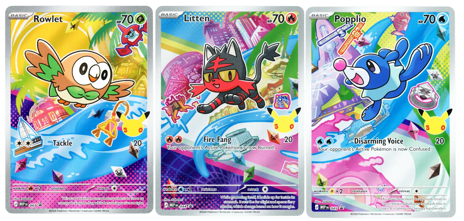 Rowlet Litten Popplio 30th Promo Set 43 44 45 Pokemon TCG First Partner